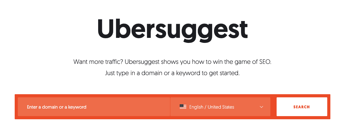 Visar sidan "Ubersuggest" med ett sökfält där man kan skriva in domain eller sökord