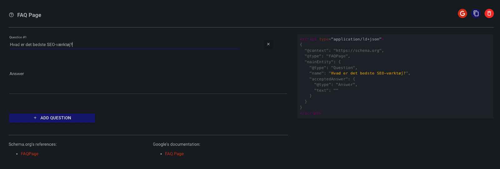 En FAQ page med en knapp som står "Add question"