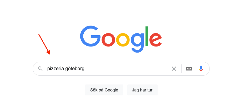 Googles sökfält där man ska söka på "Pizzeria göteborg" med en pil som pekar på sökfältet