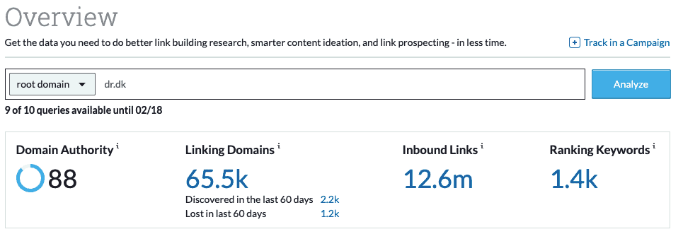 Rubrik med Overview med ett sökfält som är inställt på root domain. Visar Domain Authority, Linking Domain, Inbound links, Ranking Keywords