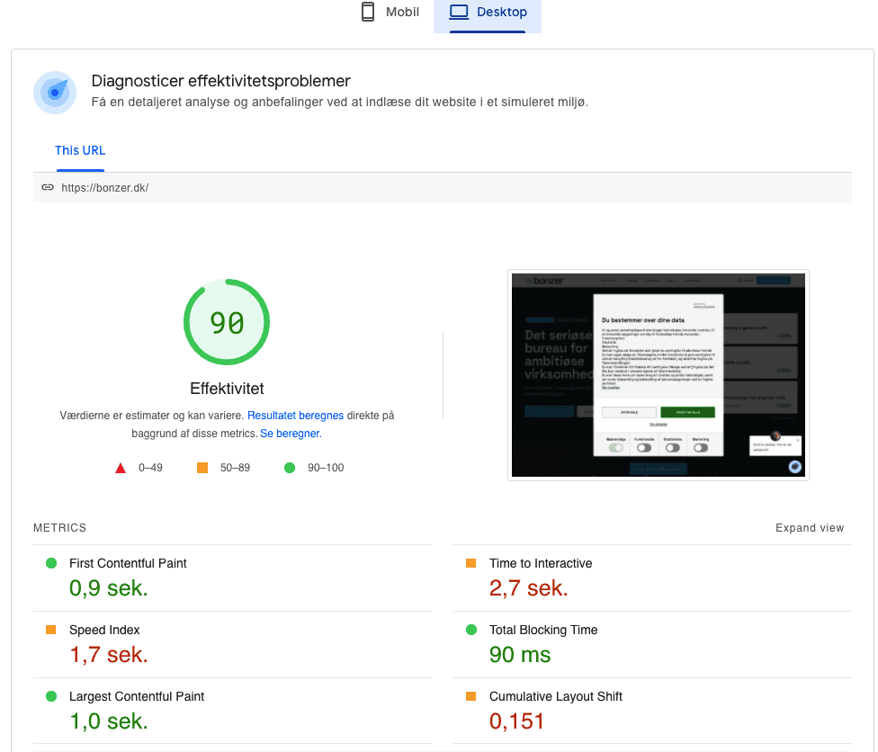 En sida som är inställd på desktop och visar effektivitet 90 och en liten bild på hur sidan ser ut