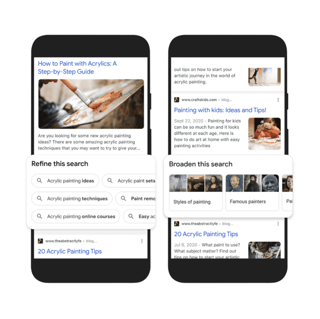 Två mobiler som visar olika sökresultat både "Refine this search" och "Broaden this search"