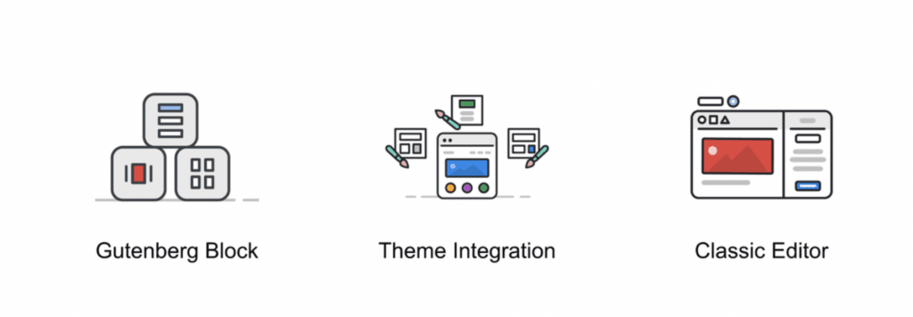 Tre olika ikoner som visar Gutenberg Block, theme integration, Classic Editor