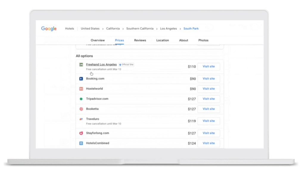 En dator som visar olika hotel alternativ
